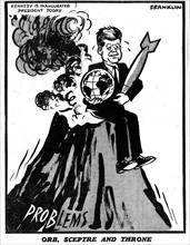 Franklin cartoon 20th January 1960. Kennedy is inaugurated President today, Orb, Sceptre and Throne