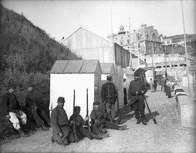 French Soldiers Boulogne in bathing machines guarding cross channel cable 
Circa 1915