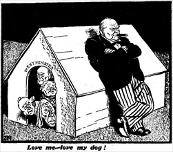 Love me love my dog!  27th January 1942 Philip Zec cartoon depicting a serious Winston Churchill