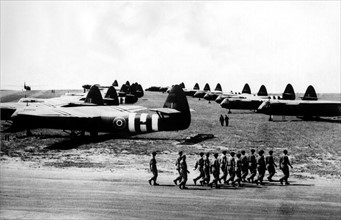 World War Two - Second World War - British glider-borne troops march out their aircraft for the