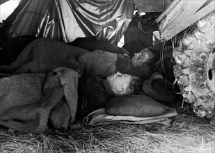 World War II Invasion of France - Operation Overlord British tank crew having a rest, sleeping