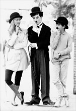 Twiggy model and actress with wax work of Charlie Chaplin and Joe Geary a child actor who was