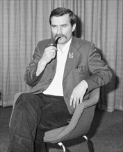 Lech Walesa Polish Union Leader seen here giving a press conference at Heathrow Airport. Circa