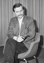 Lech Walesa Polish Union Leader seen here giving a press conference at Heathrow Airport. Circa