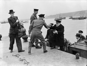 British Prime Minister Winston Churchill pictured on his visit to Normandy in Northern France, six