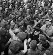 British Prime Minister Winston Churchill pictured on his visit to Normandy in Northern France, six