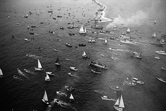 Aerial view of Sir Francis Chichester arriving at Plymouth, 29th May 1967