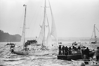 Sir Francis Chichester arrives in Plymouth in his yacht, Gypsy Moth IV, 28th May 1967