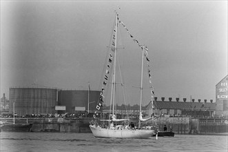 BSir Francis Chichester in his yacht, Gypsy Moth IV, 7th July 1967