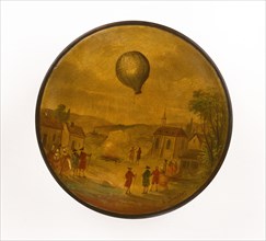 Dessous d'une boîte représentant la première expérience aérostatique à Annonay en Vivarais par les Frères Montgolfier le 4 juin 1783