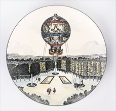 Plat décoré de la représentation d'une expérience de ballon captif à Paris