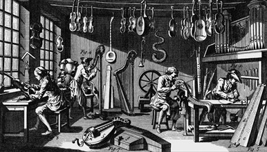 A lute maker's shop during the 18th century