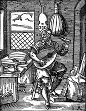 A lute maker's workshop during the Renaissance
