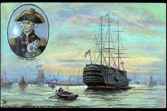 Portrait de l'amiral Nelson et son vaisseau "The Victory" à Portsmouth.