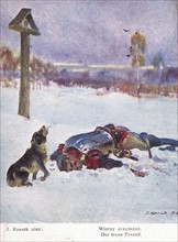 Bataille d'Eylau : soldat mort, dans la neige et son chien.
9 février 1807