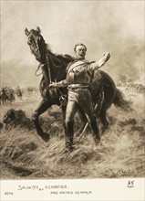 Bataille de Waterloo : un officier descendu de son cheval.