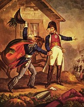 Bataille de Waterloo : la rencontre des généraux Wellington et Blücher.