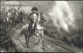 Napoleon I at the head of his army on horseback.