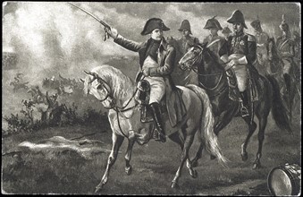 Napoléon 1er donnant des ordres à ses officiers lors d'une bataille.