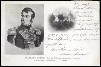 Portrait du maréchal Marmont et vue du château Marmont.