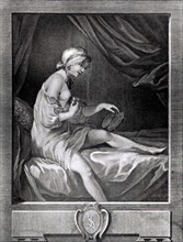 Engraving by  Saint-Aubin, Woman with mirror