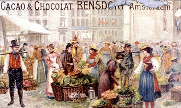 Germany, Hamburg, market in the late 19th century, illustration