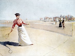 Tennis sur plage fin XIXe siècle, illustrations