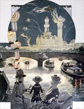 Illumination on the Alma bridge and at Trocadero, late 19th century, illustration