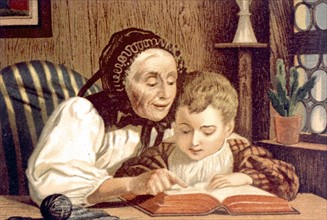 Femme et enfant lisant, par G. Knusli