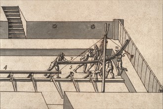 Description géométrique de toutes les pièces qui entrent dans la construction d'une galère, gravure de Debenat