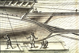 Geometric description of all of the parts included in the construction of a galley, engraving by Debenat