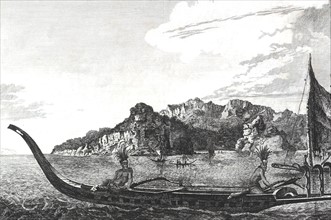 Voyage de James COOK, pirogue de guerre, gravure de William Hodges