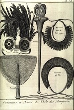 Voyage de James COOK, ornements et armes des îles Marquises, gravure de William Hodges