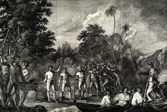 Journey of James COOK, Captain Cook landing, engraving by William Hodges
