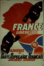 Affiche de Coulon : "France libère-toi, adhérez au Parti Populaire Français  de Jacques Doriot"