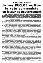 Tract du Parti communiste français expliquant le vote communiste en faveur du gouvernement