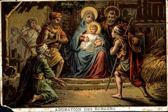 Colored lithograph: Nativity - The Adoration of the Shepherds