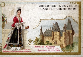 Colored advertisement: Mme de Maintenon and the castle of Maintenon