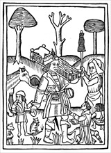 Woodcut illustrating the last book : husband toiling under the threat of his wife's distaff