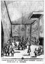 Comme messieurs du Conseil privé viennent saluer la Reyne dans sa chambre (sous Louis XIII)