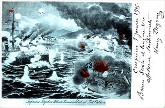 The Japanese fleet attacking the Russian fleet at Port Arthur