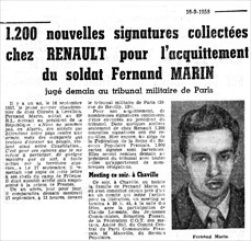 Article dans le journal "L'Humanité" concernant Fernand Marin, soldat insoumis