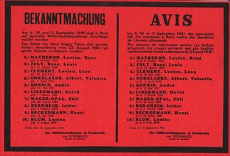Poster announcing the execution of 10 hostages