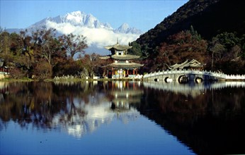 Black Dragon Pool, Moon Embracing Tower, snow-capped Yulong Mountain (Jade Dragon Mountain), five-arch bridge