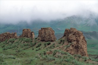Ruined Great Wall on the top of Wushaoling mountain in Gansu province