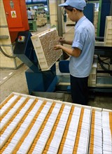 A worker makes cigarette in the workshop of Zhengzhou Tobacco Factory in Henan, China