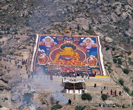 Buddha portrait-unfolding to celebrate Shouton Festival in Drepung Monastery, Tibet, China