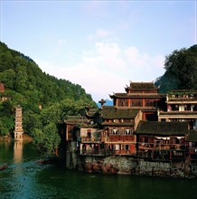 The Duocui Building by the Tuojiang River across the Ancient Phoenix City,Hunan Province,China