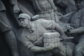 the stone carvings of soldiers outside the Chairman Mao Memorial Hall,Beijing,China