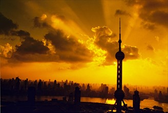Oriental Pearl TV Tower in the sunset, Shanghai,China